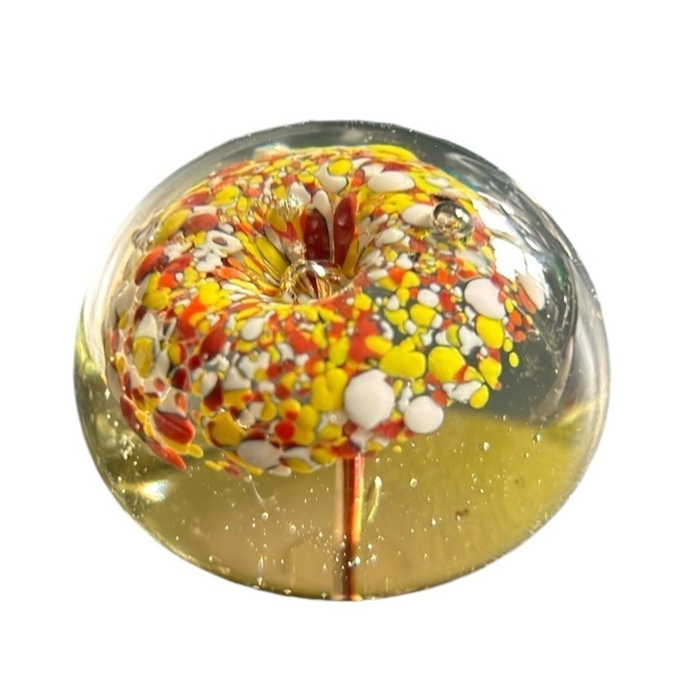 Vintage Glass Bubble Flower Red Orange  Yellow White Paperweight 2.25”